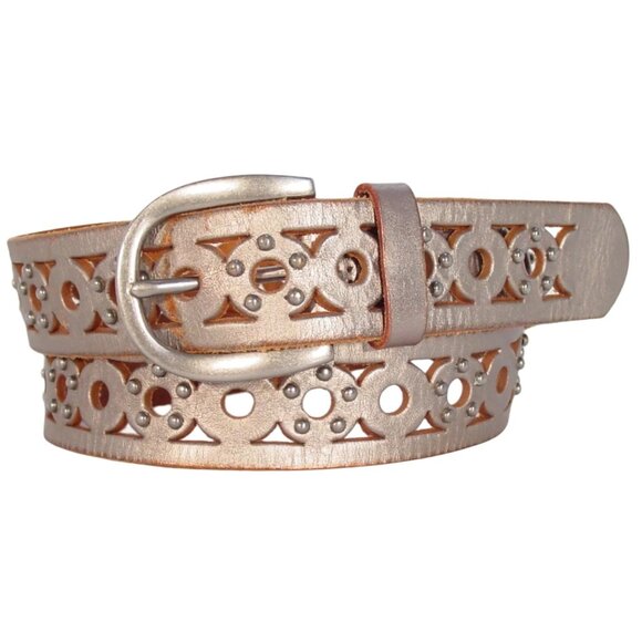 FOSSIL Gold Metallic Perforated Studded Leather Belt Women's L (up to 38") - Picture 1 of 7